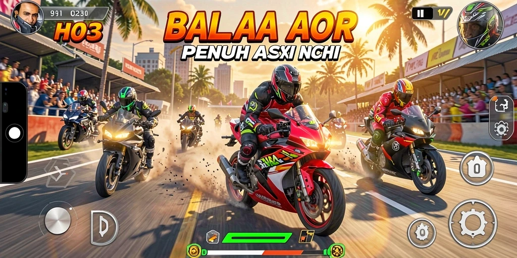 Screenshot H03 menampilkan aksi balapan motor yang mendebarkan.