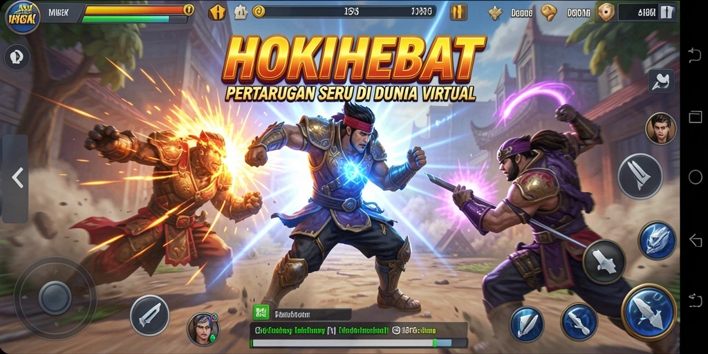 Tampilan gameplay HOKIHEBAT dengan bertarung seru antara karakter.