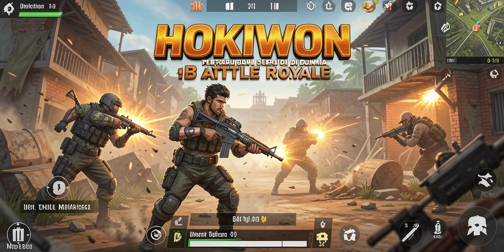 Screenshot utama HOKIWON menunjukkan pemain dalam aksi seru Battle Royale.