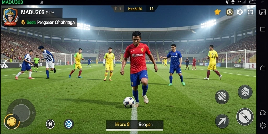 Tangkapan layar dari gameplay MADU303 menampilkan aksi sepak bola yang menegangkan.