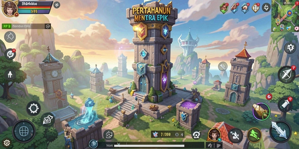Tampilan menakjubkan dari gameplay Tower Defense yang intens.
