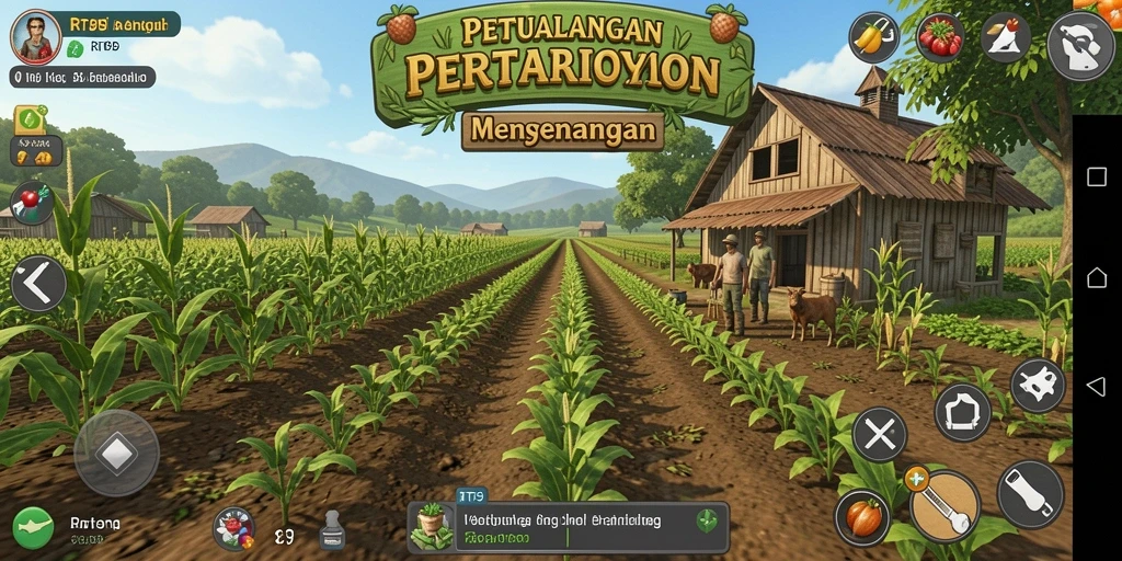 Tampilkan gameplay RT99 dengan lahan pertanian yang luas dan beragam tanaman.