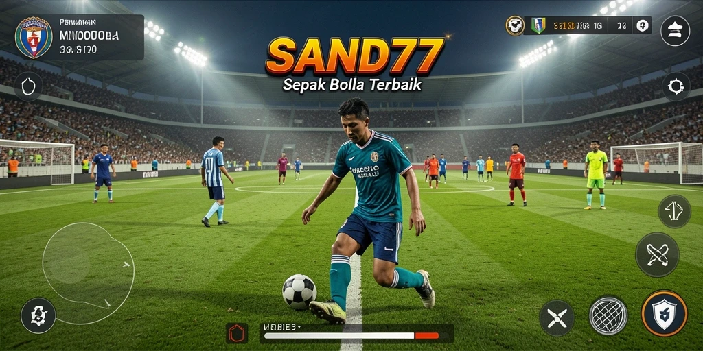 Screenshot SAND77 menampilkan aksi seru di lapangan sepak bola.
